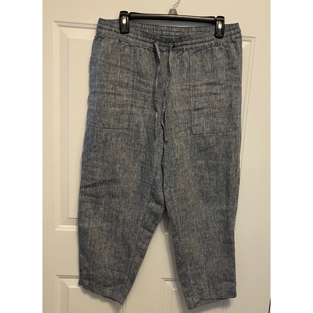 Lands End Women's Blue 100% Linen Drawstring Waist Cropped Pants